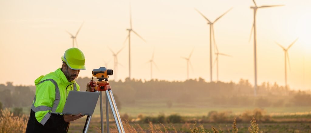 At sunset, a field engineer surveys land as wind turbines turn—where tech meets clean energy.